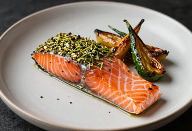 A sophisticated salmon fillet with a herb crust and roasted vegetables, presented in a minimalist ceramic dish, professional culinary photography, South American style.