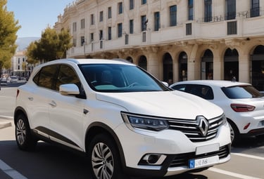 Friendly driver opening car door for smiling passengers with luggage.