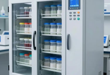 A professional image of a laboratory cold storage unit for biological samples, showing organized drawers and a digital interface. The lighting is clean and bright white, symbolizing reliability and safety.