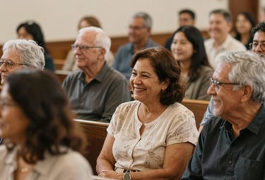 Smiling diverse congregation sitting in wooden pews during a church service or community event.
