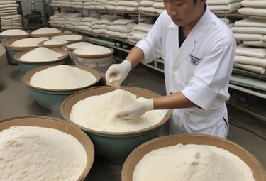 Stacks of packaged rice flour ready for shipment in a large warehouse.