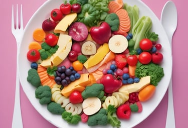 An open book with healthy food and a cup of tea on a wooden table.