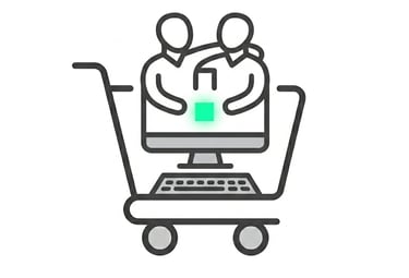 Line art icon of a computer monitor with people inside a shopping cart for ecommerce customer support.