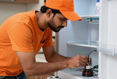 Technician servicing an air conditioner unit on a sunny Kanpur rooftop.