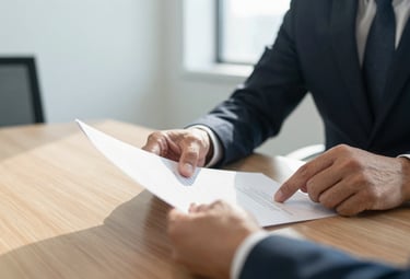 A close-up photograph of an international professional in a business suit reviewing a document in a bright, modern corporate boardroom. The focus is on the paper and hands, with gold and white light filtering through the room.