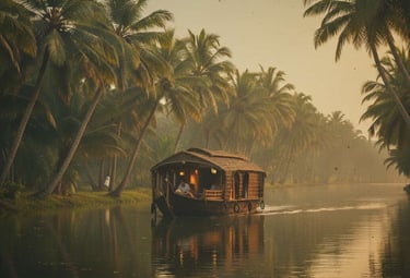 Kerala trip details - A soulful view of a traditional houseboat cruising through palm-fringed backwa