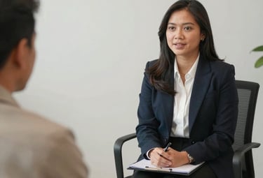 A candid photograph of a professional Southeast Asian woman smiling confidently while working on a tablet in a bright coworking space. She is dressed in a professional blue blouse. The background is blurred, showing a modern, clean environment.