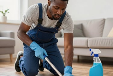 Close-up of a professional polishing a commercial floor to a high shine using specialized equipment.