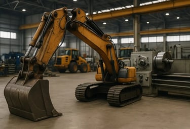 Heavy construction excavator and industrial machinery inside a factory workshop representing equipme