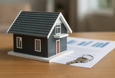 House model with property documents and keys on a table representing a loan against property in Chen