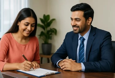 Young woman discussing and signing personal loan documents with a loan officer in a Chennai office.