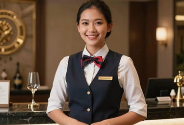 A professional Southeast Asian / Indonesian hotel staff member smiling in a luxury hotel reception in Germany, warm lighting, high-end hospitality environment.
