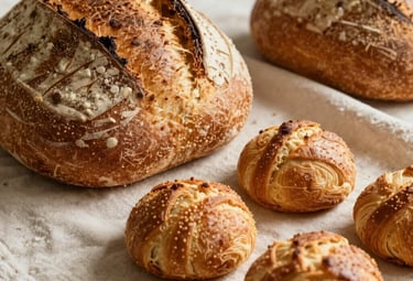 A close-up photograph of artisan sourdough bread and golden-brown pastries arranged on a warm cream linen cloth in a North American bakery style. Soft morning light emphasizes the textures.