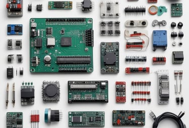 Close-up of electronic components and modules neatly arranged on a workbench.