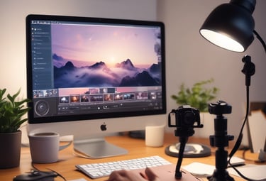 A diverse group of creators collaborating in a bright, modern workspace with tech gadgets.