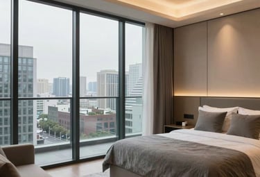 Modern workspace in a luxury apartment with black and pink accents.