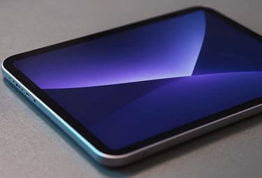 A high-end macro photography shot of a sleek tablet in a North American / US setting, displaying a deep blue and purple abstract digital interface, illuminated by cyan neon light from the side.