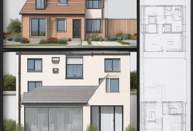 Close-up of hands sketching sustainable home plans with natural wood samples nearby.