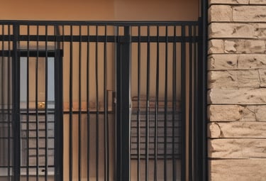 Modern metal staircase with sleek lines inside a rustic home.