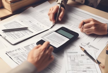 Image showing hands managing pharmacy inventory and documents.