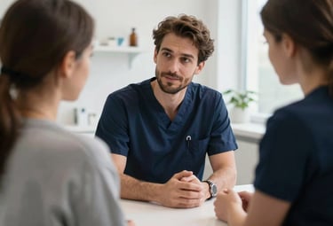 A professional in a dark navy blue uniform talking kindly to a patient in a bright Southern European / Italian clinic, professional and supportive vibe.