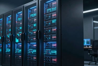 Engineers collaborating over digital blueprints with solar panels in the background.