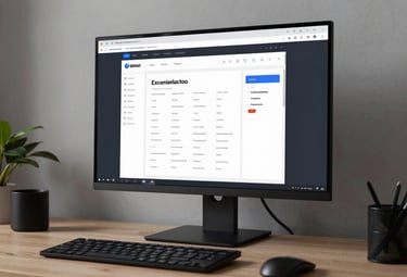 A minimalist, high-tech workspace in a Southeast Asian / Indonesian setting with a focus on a large high-resolution monitor displaying a modern web interface.
