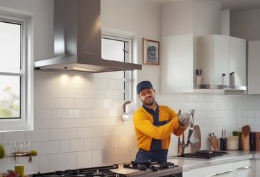 Skilled technician cleaning a kitchen chimney filter inside a cozy Indian home.