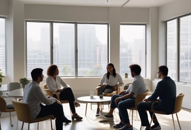 A coach facilitating a session with a small group in a bright office space.