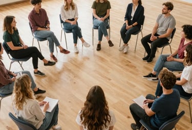 A therapist gently listening to a client during a session.