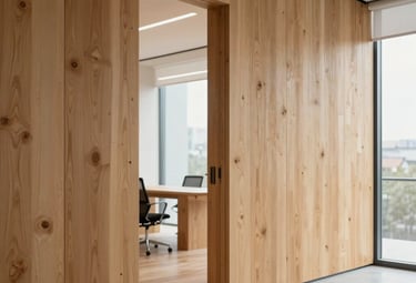 Interior view of a modern office space built with exposed CLT walls, highlighting the warm Natural Oak texture and minimalist design, soft natural lighting through large windows.