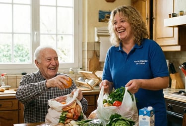 Aide à domicile professionnelle rangeant les courses alimentaires avec un senior dans sa cuisine