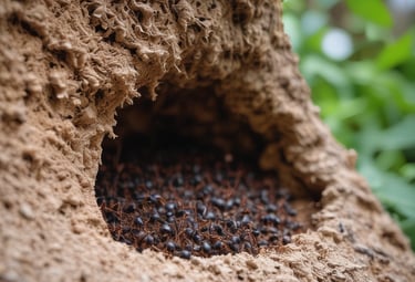 Close-up photo of an ant trail near a green plant indoors.