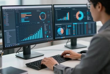 A professional desk setting showing a focused individual in North American / International Professional attire working with complex data visualizations on a monitor. The lighting is crisp and cool, highlighting muted blue and gray tones.