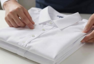 Close-up of a neatly folded premium white garment being inspected by a hand in a professional studio setting. The focus is on the fine stitching and material quality, with soft #F7FAFC light.