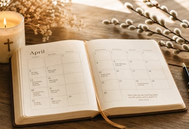 An open April church calendar planner on a wooden table with a lit candle and pussy willow branches.