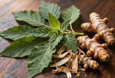 A close-up photograph of a variety of traditional Ayurvedic herbs and medicinal plants, such as fresh neem leaves, turmeric roots, dried ginger, and vibrant tulsi leaves, artfully arranged on a smooth, polished dark brown wooden surface. The composition is natural and organic, evoking a sense of ancient wisdom. Soft, warm sunlight filters in from the left, creating gentle highlights and shadows that enhance the earthy textures and rich, deep green and golden-brown hues of the ingredients. The style is authentic and rustic, set in a traditional South Asian context.