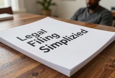 A close-up photograph of a professional-looking printed guide on a wooden table in a North American home. The book title 'Legal Filing Simplified' is visible. An African American man is sitting in the background, out of focus.