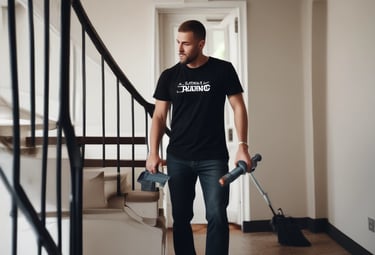 Worker clearing out old furniture and boxes from a cluttered room.