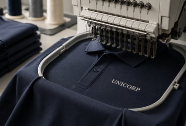 Máquina de bordado aplicando el logotipo UNICORP en una polo corporativa navy