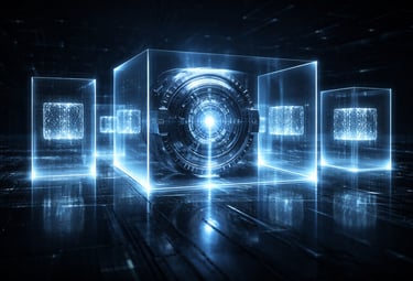 Glowing blue futuristic data blocks and digital CPU core representing cloud computing and artificial intelligence.