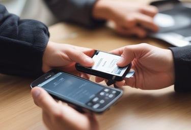 Hands exchanging cash and a catalytic converter at a friendly transaction.