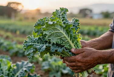 A close-up photograph of a South American farmer’s weathered hands holding a bundle of vibrant, organic green kale. The background is a soft-focus vegetable garden at sunrise, with a warm, authentic glow.