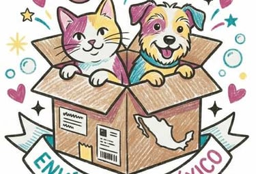 Gatito y perrito en una caja de carton que indica que la tienda realiza envios a todo mexico