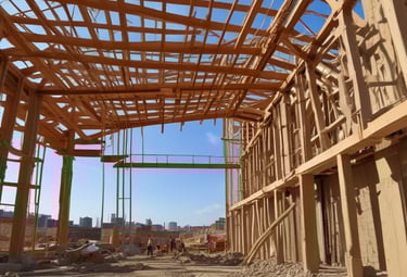 Construction workers installing plumbing and electrical systems inside a new building.