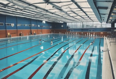 Heated semi-Olympic swimming pool with students practicing swimming.