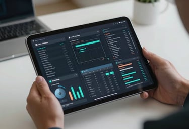 A close-up photograph of a sleek, modern tablet displaying complex data visualizations and automation workflows, held by a professional in a minimalist tech office in Latin America.