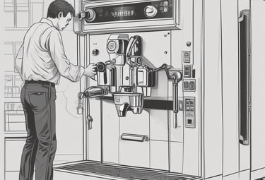Technician installing a sleek coffee vending machine in a bright commercial lobby.