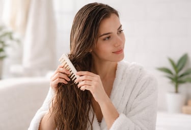 women using wide tooth comb to detangle wet hair