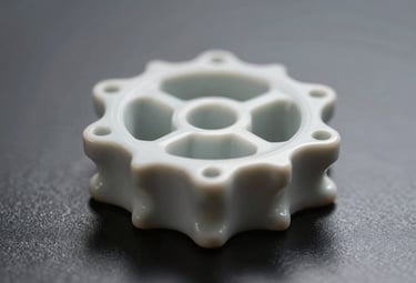 A macro photograph of a precision-engineered ceramic component with complex internal structures, resting on a dark, reflective surface #2C3333. Lighting is sharp and clinical to highlight industrial quality.